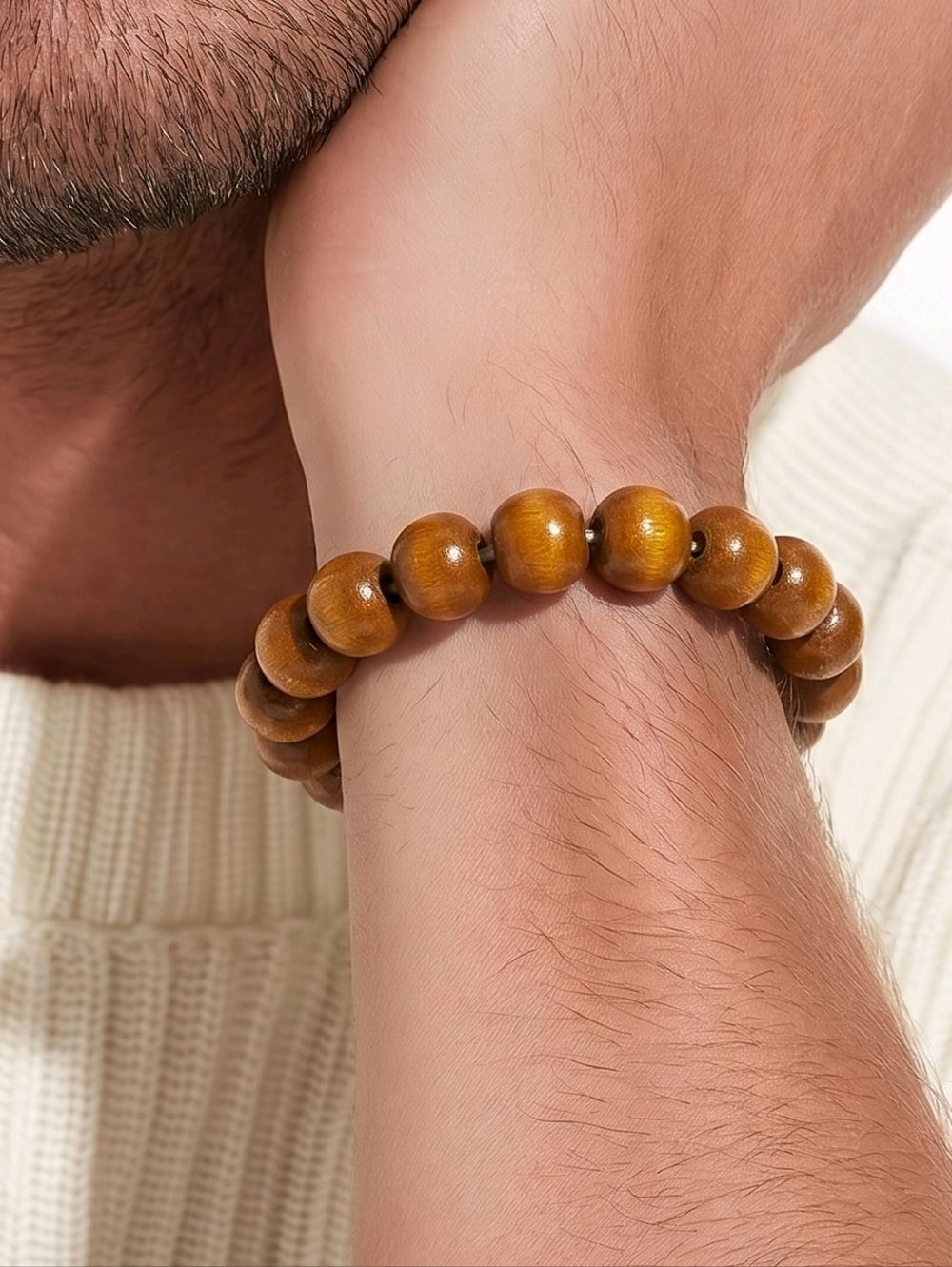 Brown Bead Bracelet Wood Look Stretch Bracelet Minimalist Neutral Unisex Earthy